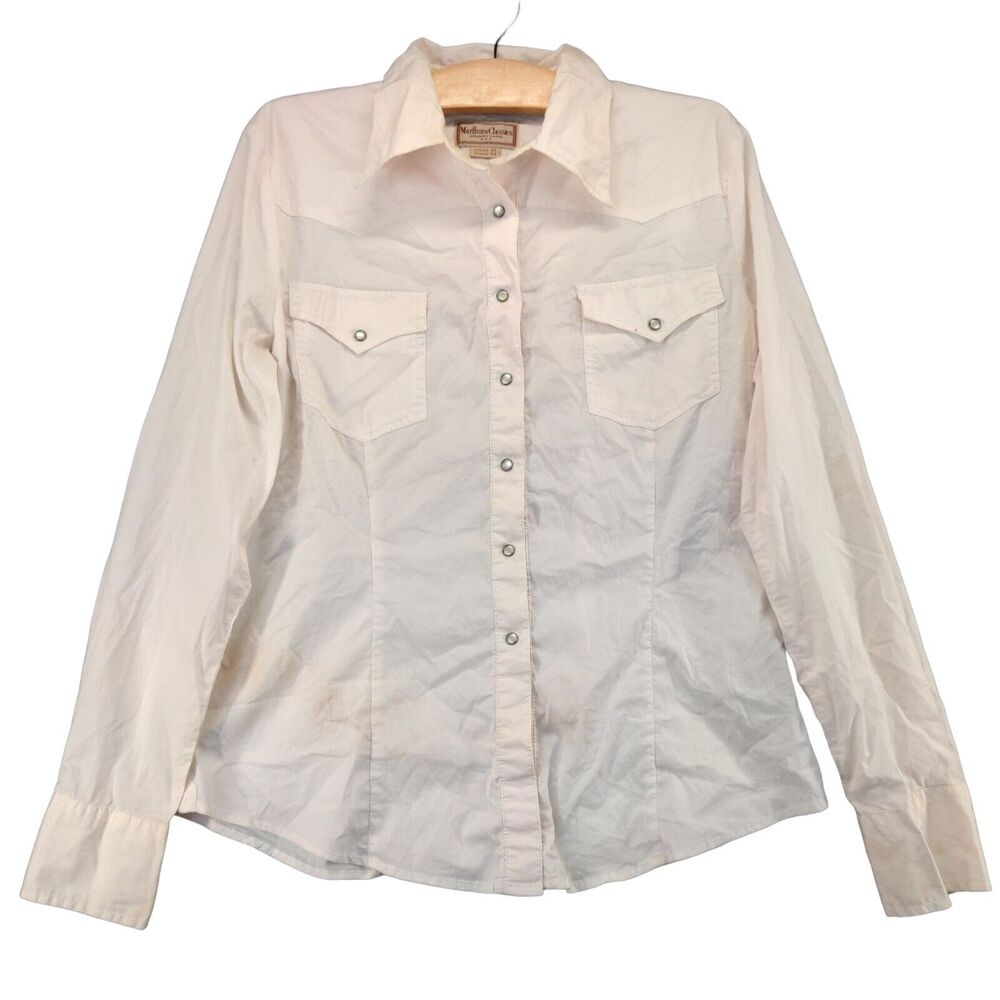 Marlboro Classics Pearl Snap Shirt Womens L Long Sleeve White Chest Pockets